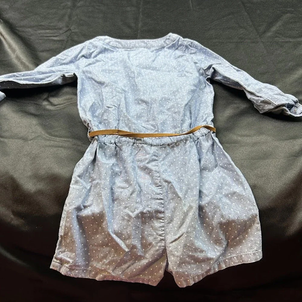 Carter's Girls Romper 6Y Jean White Polka Dot Brown Belt NWT